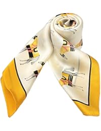 100% Pure Mulberry Silk Small Square Scarf -21' x 21'- Breathable Lightweight Neckerchief -Digital Printed Headscarf (Yellow- Horse)