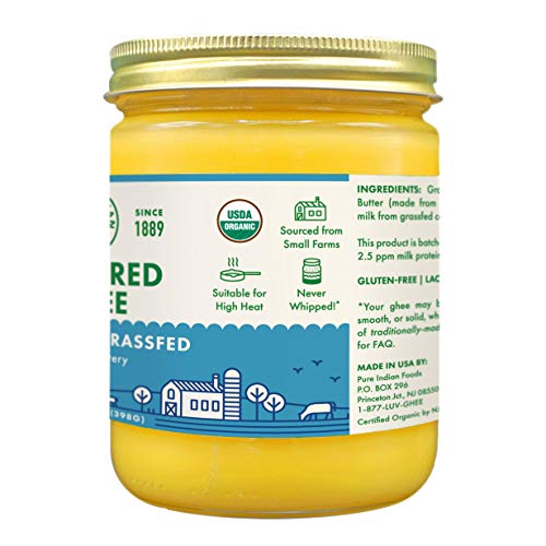 Grassfed Organic Cultured Ghee - by Pure Indian Foods ,14 oz, Pasture Raised, Lactose Free, Gluten-Free, Non-GMO, Paleo, Keto-Friendly, Batch Tested for Casein and Whey