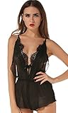 The victory of cupid Women Lingerie Lace Teddy Features Plunging Eyelash deep V-Neck Babydoll Bodysuit