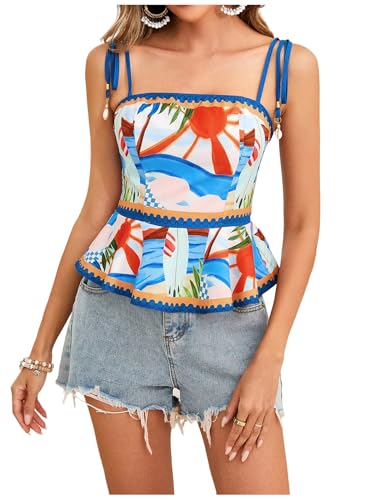 RoseSeek Women's Summer Boho Peplum Top Spaghetti Strap Cami Tops Orange at Amazon
