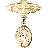 Gold Filled Baby Badge with St. Zachary Charm and Badge Pin with Cross 1 X 3/4 inches