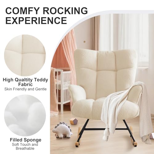 Zedachica Rocking Chair Nursery Teddy Rocking Accent Chair Upholstered Glider Rocker Armchair Comfy Side Chair Padded Seat with High Back for Living Room Bedroom Offices (Ivory)