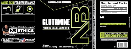 NutraBio Pure L-Glutamine Powder, 100 Servings L-Glutamine Supplement, Amino Acid, Pure Grade, Glutamina, Absolutely no Additives, Fillers or Excipients, Muscle Recovery Supplement - (500 Grams)