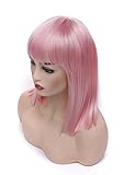 Morvally Short Straight Bob Wig with Flat Bangs Natural Looking Heat Resistant Hair Cosplay Costume Wigs (14 inches Pink)