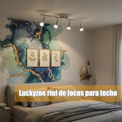 Luckyzoe Iluminación de Riel Led de 4 Luces, iluminación puntual de techo, cabezal de luz giratorio flexible, lampara de riel, 4 luz (GU10), Sin foco, Cromo