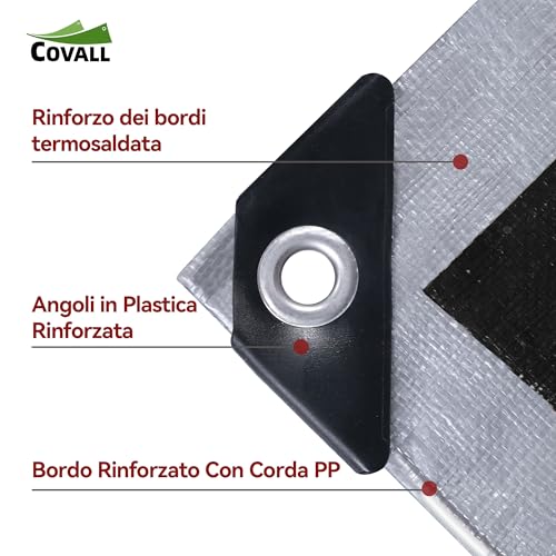 COVALL Waterproof Outdoor Tarpaulin, 4 x 6 m, 155 g/m², Reinforced HDPE with Anti-UV Eyelet, Windproof Rain Cover for Swimming Pool, Car, Garden, Camping, Silver, Black