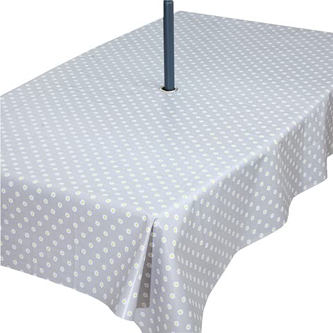 Rosie Lane PVC Wipe Clean Wipeable Waterproof Garden Outdoor Tablecloth with Stainless Steel Parasol Umbrella Hole in Lovely Grey Daisy Design Rectangle 200cm x 140cm