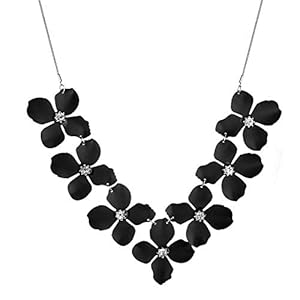 Nicole Miller New York Seven Black Flowers in V Shaped Silvertone Fashionable Chain Necklace