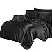 uxcell 4 Piece Silk Blend Duvet Cover Pillowcase Sheet Bedding Set Solid Color Black Full Size