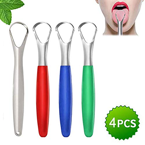 Tongue Scraper Cleaner Surgical Grade Stainless Steel (Pack of 4) - Tongue Cleaner for Adults, Kids, Men & Women - Cure Bad Breath with BPA-Free Metal Tongue Scrapers for Better Dental Hygiene