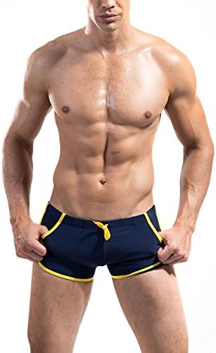 HCMP Men's Sexy Quick Dry Swim Trunks with Pockets Beach Shorts Pant Boxer Brief,Dark Blue,XL