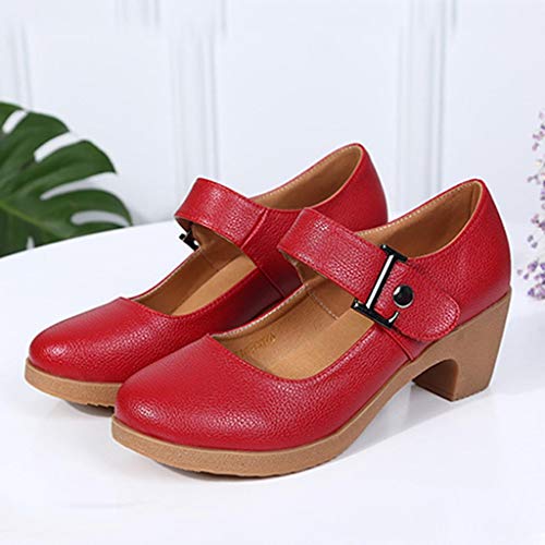 Womens Buckle Strap Dance Leather Shoes - Rumba Waltz Prom Latin Tango Ballroom Party Block Heel PU Dance-Shoes (Red, US:7) - Thumbnail 4