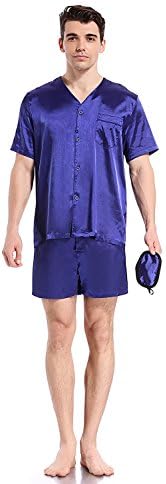 Like2sea Silky Satin Pajamas for Men, Short V-Neck Button Down PJ Set with Mask, Blue, L