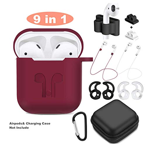 AirPods Case 9 In 1 Airpods Accessories Kits Protective Silicone Cover and Skin Compatible Apple Airpods Charging Case with Airpods Ear Hook/Tips/Airpods Strap/Clips/Watch Band Holder (Burgundy)
