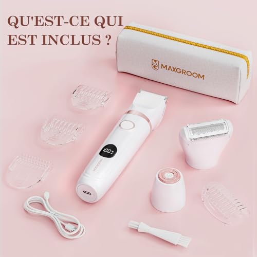 MAXGROOM Women's Electric Shaver, 3 in 1 Intimate Trimmer Wet/Dry, Electric Shaver with LED Display, Ceramic Blade & 4 Peins, Electric Hair Remover for Face, Jersey, Armpits, Legs