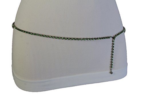 TFJ Women Skinny Fashion Belt Silver Metal Hip High Waist Green Rhinestones XS S M