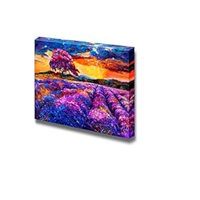 Canvas Prints Wall Art - Original Oil Painting of Lavender Fields on Canvas.Sunset Landscape - 12" x 18"