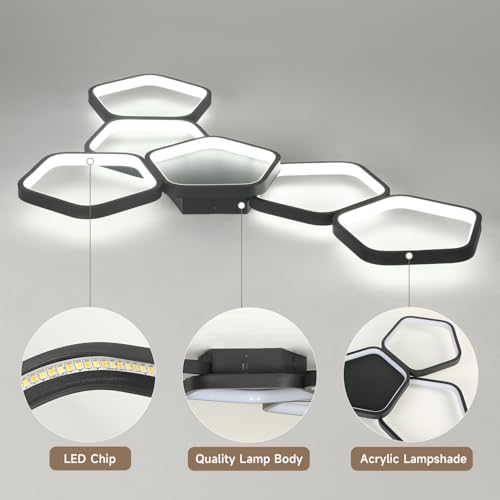 Kuwork Modern LED Ceiling Light, Living Room, 58 W, 3000 K - 6500 K, Dimmable with Remote Control and App Control, Night Light and Timer Function for Bedroom Ceiling Lamp, 90 cm, Black