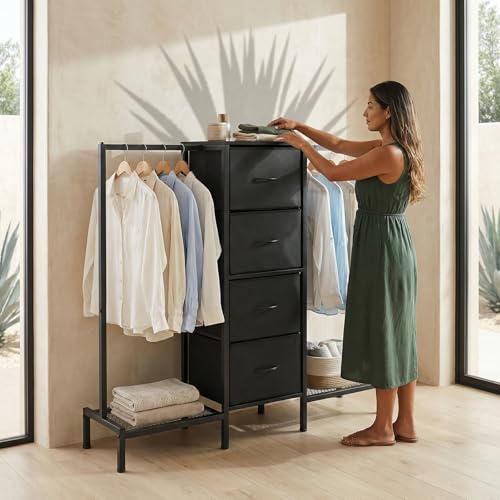 Closet Para Ropa armables, Perchero Para Ropa, con barra para colgar y 4 cajones, Closet ropero en forma de T, color marrón vintage (Negro)