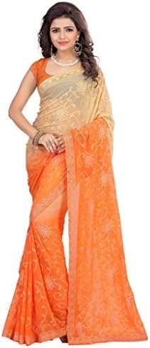 Li Te Ra Orange Chiffon Aari Embroidered Saree