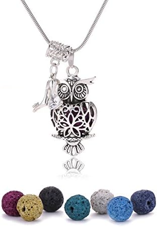 Three Fish Aromatherapy Essential Oil Diffuser Necklace Locket Pendant, 7pcs True Lava Stone with 24" Adjustable Chain Perfect Gift Set-Ancient Silver (Owl)