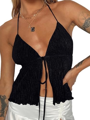 Y2K Front Tie Up Cami Tops for Women Sexy Spaghetti Strap Lace