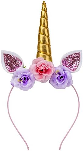 RQJ Unicorn Horn Headband Hair Hoop with Cute Cat Ear Flower Gold Glitter Hairband for Kids Party Decoration Cosplay Birthday (gold cat)