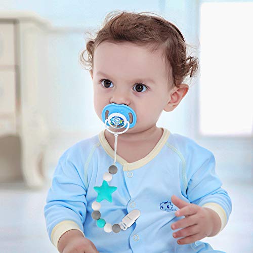 Pacifier Clips, Komake 2 in 1 Teether Pacifier Clip Chewable Silicone Teething Beads BPA Free Binky Holder for Girls, Boys, Teether Toys, Soothie, Mam, Drool Bibs, 2 Pack (Green, Gray)