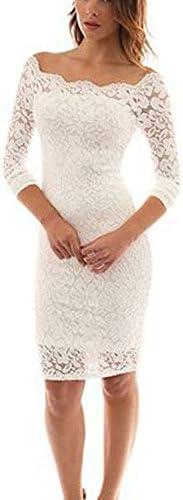 Fashion Long Sleeve Off Shoulder Cocktail Party Floral Lace Bodycon Dresses For Women (Small, Off-White)