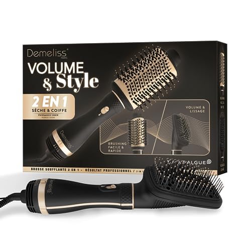Demeliss SAINT ALGUE - 2 in 1 VOLUMEN & STIL - Trocknen & Stylen, Alle Haartypen - 2 austauschbare Bürstenköpfe - Keramik- & Turmalinbeschichtung - 3 Temperaturen.