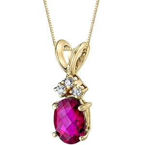 Peora Created Ruby with Genuine Diamonds Pendant in 14 Karat Yellow Gold, Dainty Solitaire, Oval Shape, 7x5mm, 1 Carat…