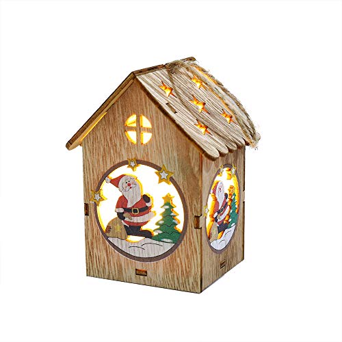 LED Light Wooden Dolls House Villa Christmas Ornaments Xmas Tree Hanging Decor (A)