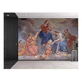 Franciscan Fresco Slovenia - Virgin Mary and Baby Jesus Surrounded by Saints and Angels - Catholic Christianity - Wall Mural, Removable Sticker, Home Decor - 66x96 inches