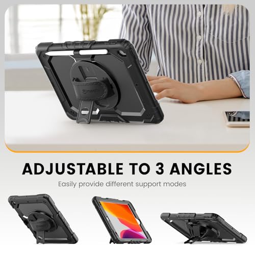 Timecity Case for iPad 9th/8th/7th Generation 10.2 '', Shockproof Rugged case with Screen Protector & 360° Rotating Stand Pen Holder Hand/Shoulder Strap for iPad 10.2 inch Case 2021/2020/2019 -Black