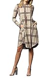 Sisiyer Women's Long Sleeve Plaid Printed Swing Tunic Top Dress with Pockets Beige Burgundy X-Large