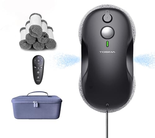 Tosima W3 Robot limpiacristales - Limpiacristales inteligente con pulverización automática de doble dirección con triple sistema de seguridad, navegación inteligente, control remoto, para todas las superficies lisas, con 12 trapos, negro