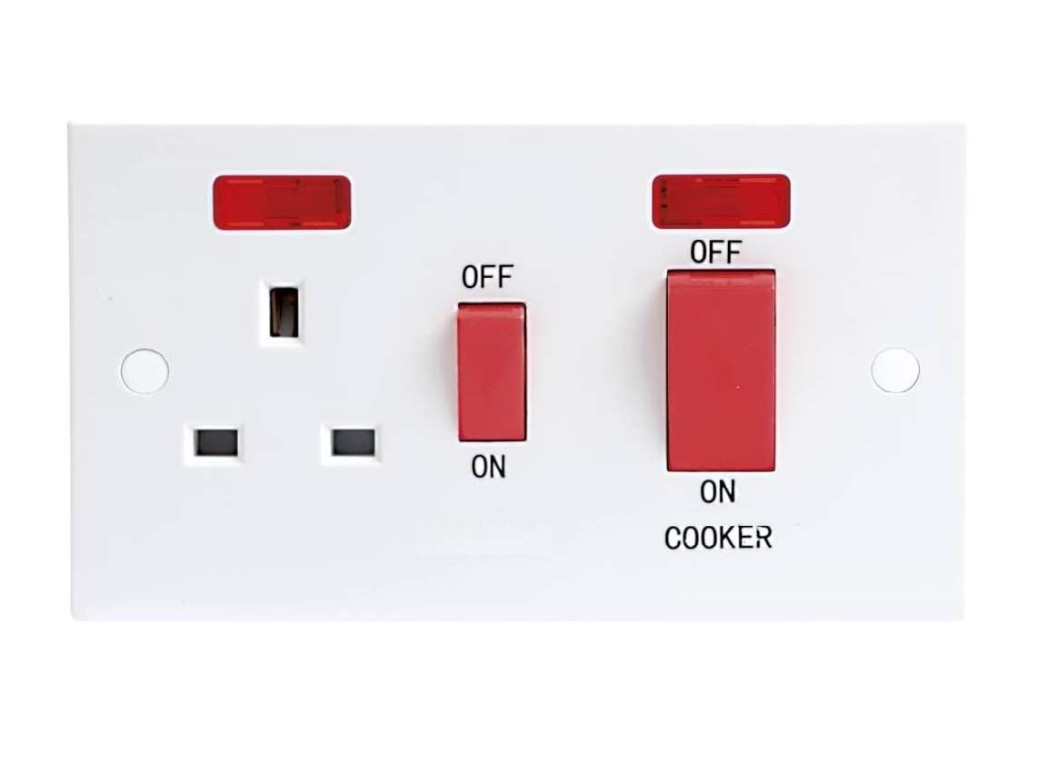 Invero 1 Gang 45 Amp Double Cooker Wall Switch Socket Unit with Two Red Neon Power Indicators - White