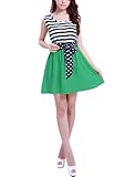 Allegra K Women Elastic Waist Scoop Neck Striped Mini Dress Green Dark Blue S