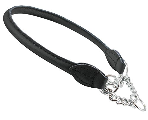 Rolled Genuine Leather Martingale Dog Collar Choker Black 7 Sizes (#5 - Neck Circumf.13.75"-15.5")