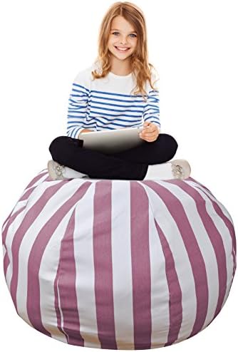 Stuffed Animal Storage Bean Bag –Extra Large Organization Sack Chair- Premium Quality Cotton Canvas- Easy Solution for Extra Toys / Blankets / Covers / Towels / Clothes -38 inches, Purple Striped