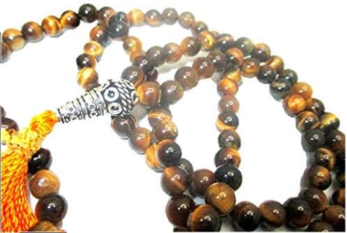 HiJet 108 +1 Bead Tiger Eye Mala with Lucky Charm OM (AUM) 28-32" Long Balancing Positive Energy Harmony Luck Yoga Meditation Reiki Natural Genuine Authentic Fashion Style Easter Christmas