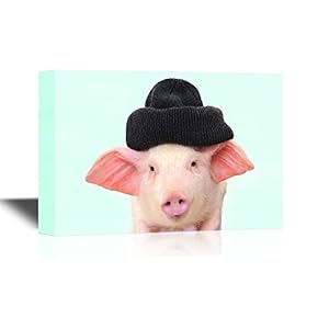 Pigs Canvas Wall Art - Little Pig with Black Hat - Gallery Wrap Modern Home Art | Ready to Hang - 12x18 inches