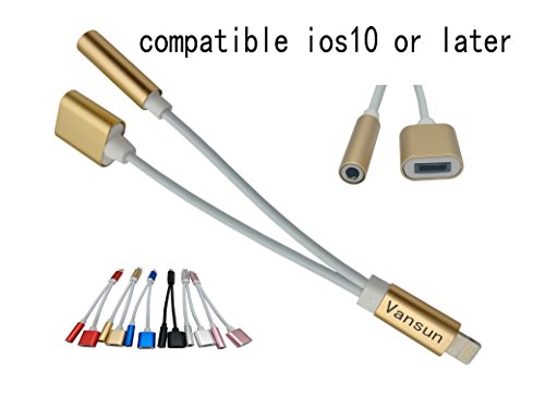 2 in 1 Lightning Charging Cable 3.5mm Aux Headphone Adapter and Lightning Charging Port Extension Cable for iPhone 7/7 Plus or Apple Devices(Upgrade Gold) Support IOS10.3