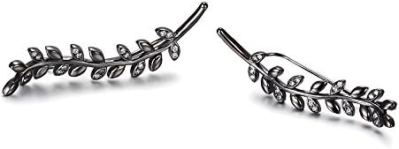 Women's Sterling Silver Fern Ear Cuff Vine Crawlers Wrap Earrings, Black