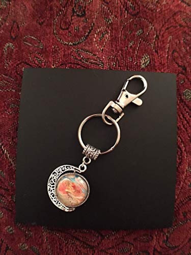 Double Crescent Moon Rotating Silver Key-Chain One of a Kind Acrylic Pouring Fluid Art Abstract Key-Ring Cabochon (18mm) Orange, Gold, Carolina Blue and White/ Lime Green, Yellow, Black and Red #12