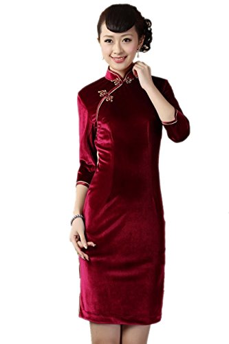 AvaCostume Women's Pleuche Chinese 3/4 Sleeve Qipao One Piece Dress