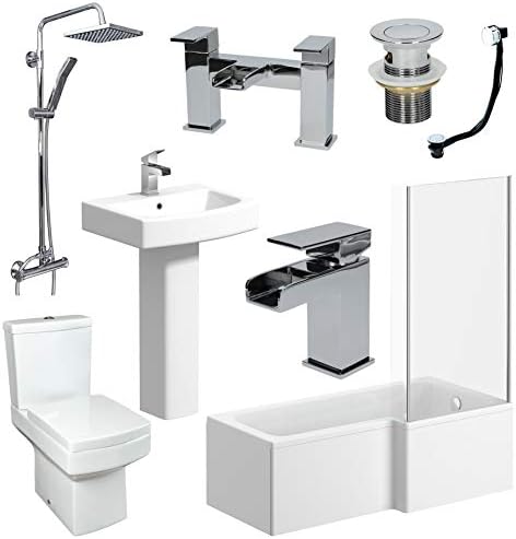 Affine Complete Bathroom Suite Package L Shaped Right Hand 1700mm Shower Bath 5mm Screen Basin Sink Floorstanding Pedestal Toilet Tap and Waste Set Modern