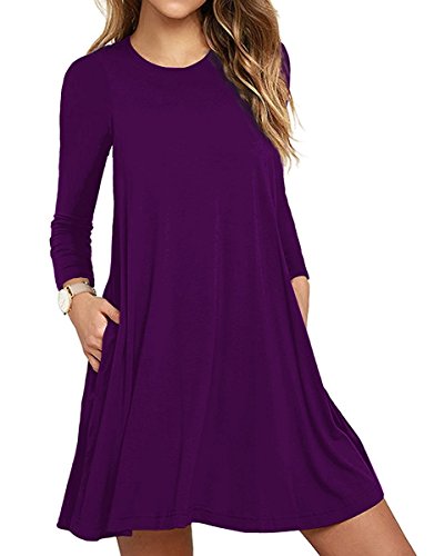Women's Long Sleeve Pockets Casual Swing T-Shirt Dresses Purple X-Large