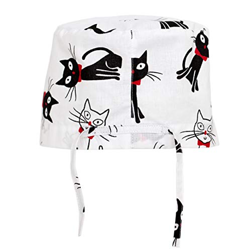 Scrub Cap Uniform Hat Medical Doctor Nurse Surgical Unisex Animal Print (Bow White Cat)