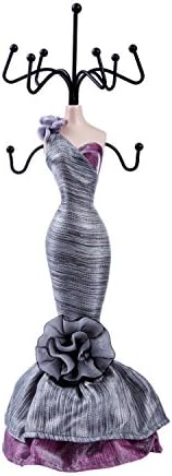 Flower One Shoulder Dress Doll Jewelry Stand, Silver 11"